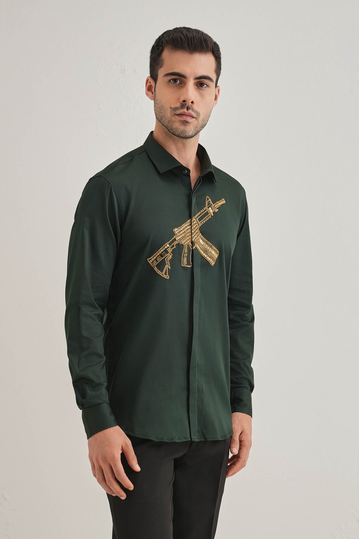 Sone Ki Bandookak47(Gun) - Hand Embroidered Designer Shirt - Bottle Green