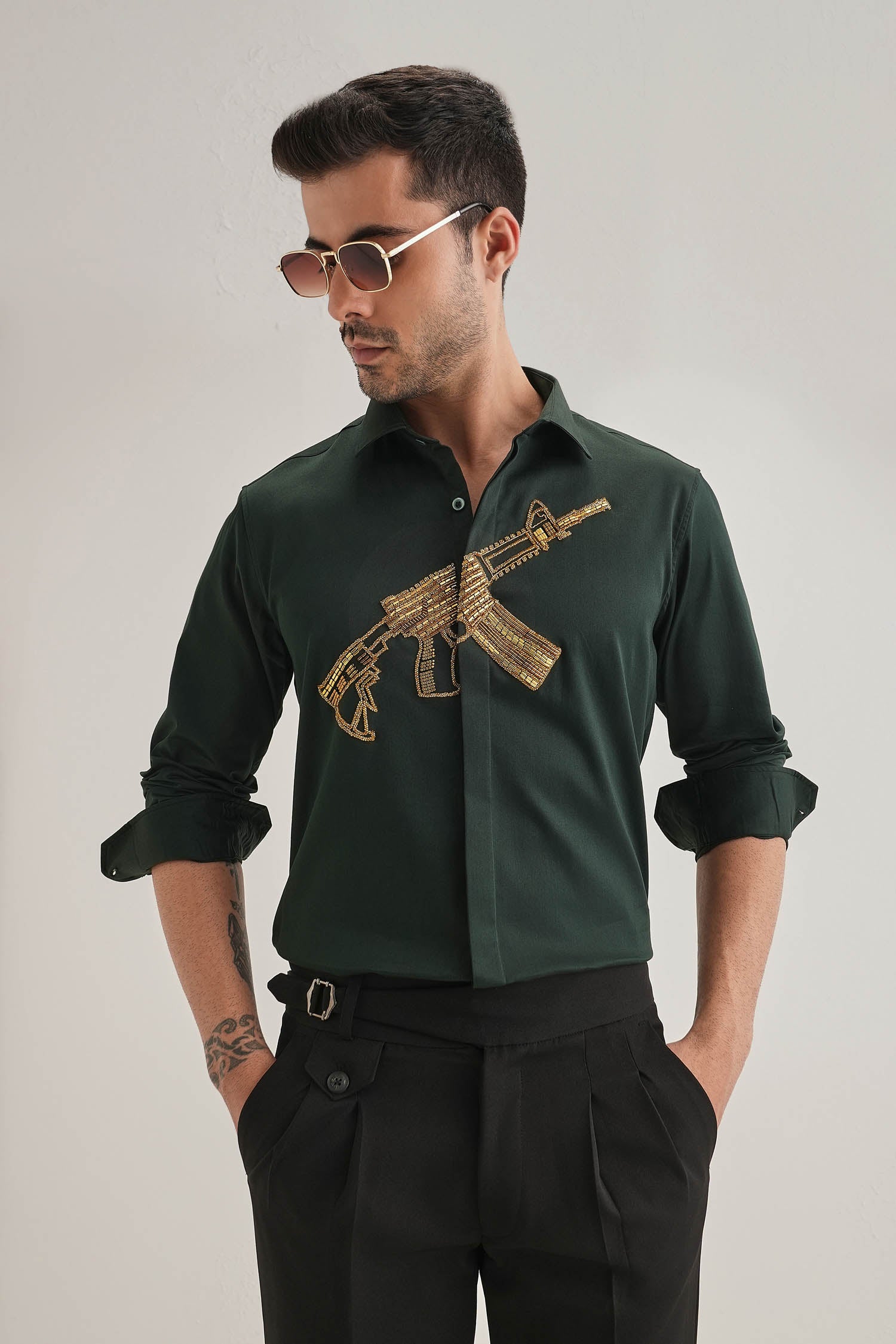 Sone Ki Bandookak47(Gun) - Hand Embroidered Designer Shirt - Bottle Green