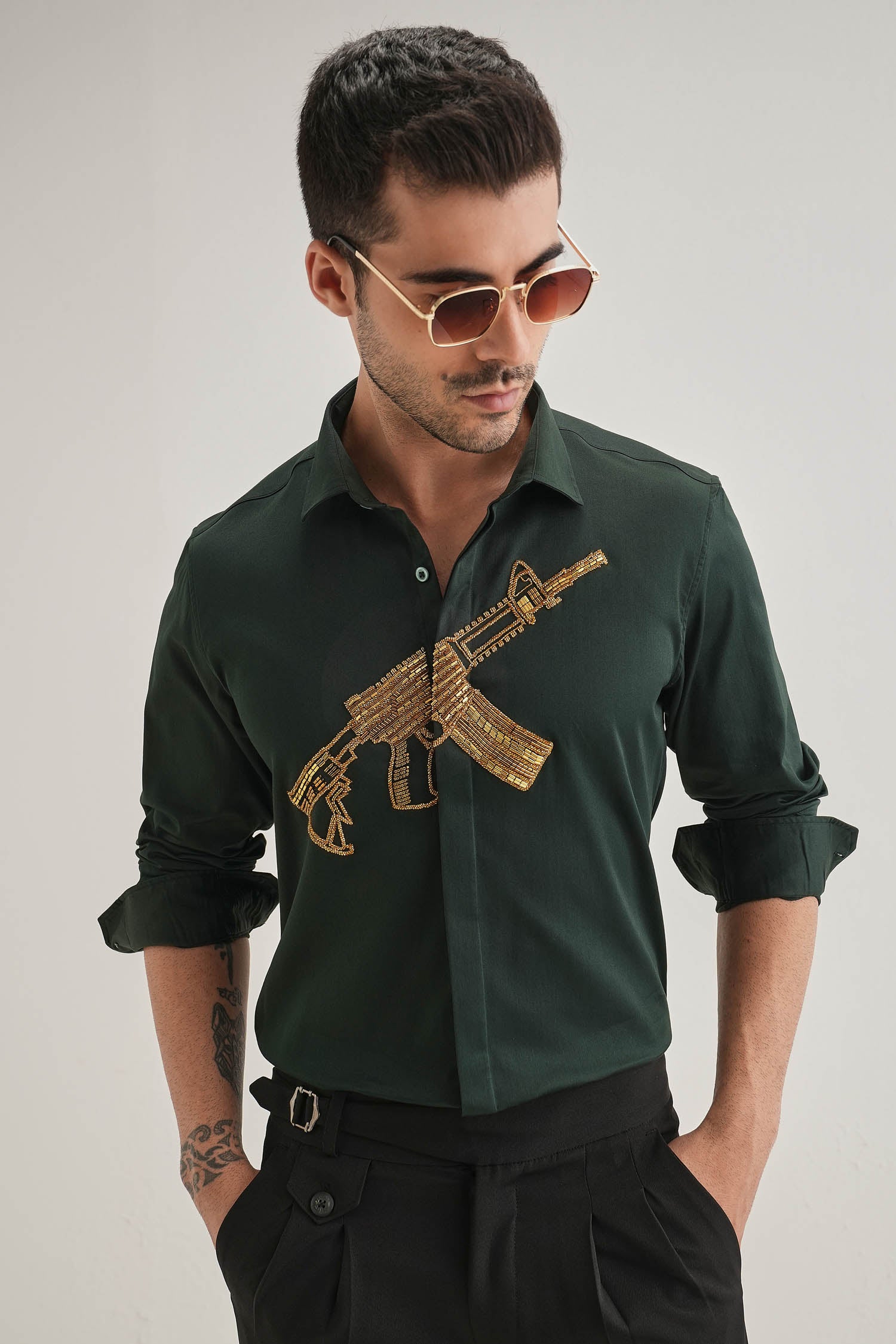 Sone Ki Bandookak47(Gun) - Hand Embroidered Designer Shirt - Bottle Green