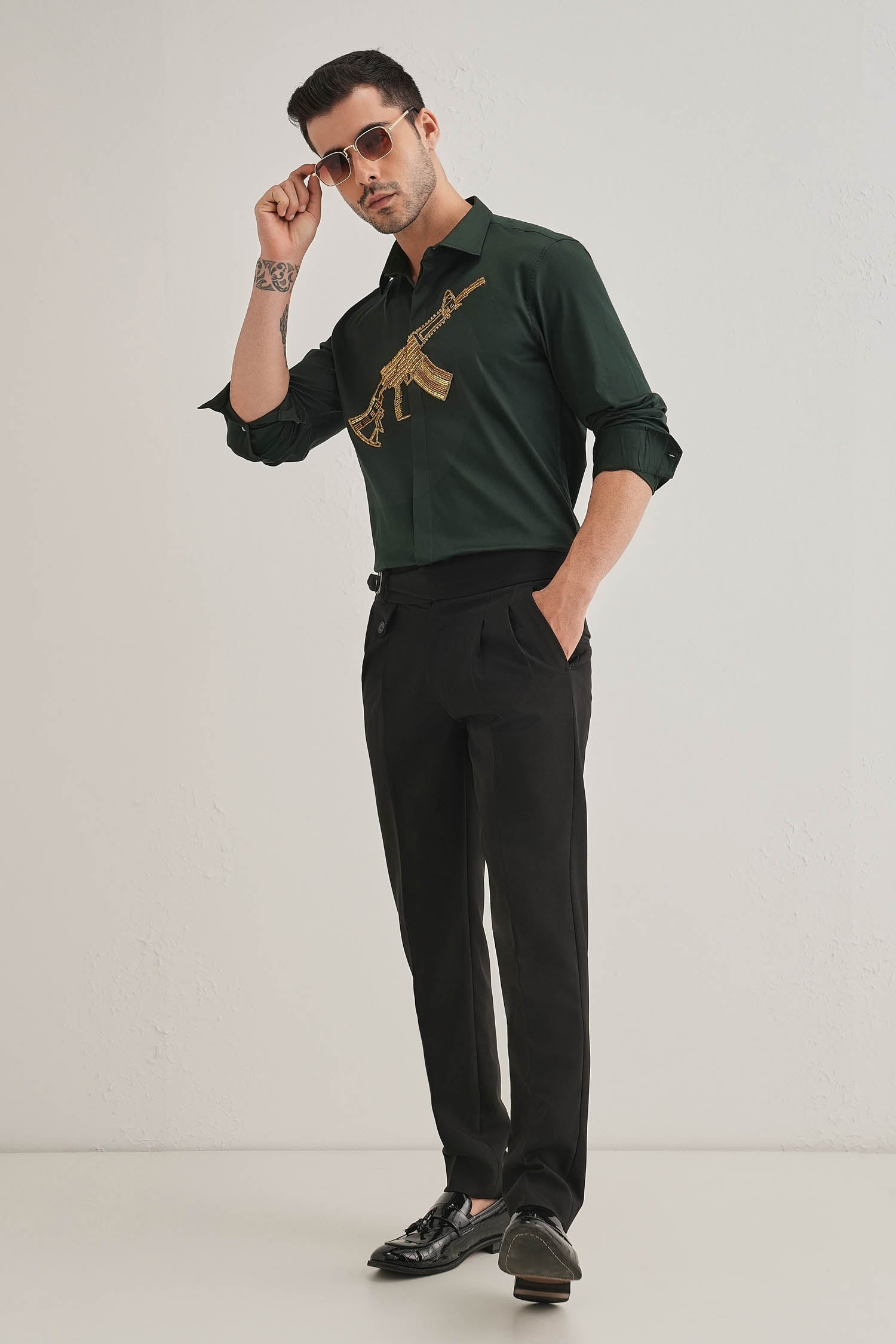 Sone Ki Bandookak47(Gun) - Hand Embroidered Designer Shirt - Bottle Green