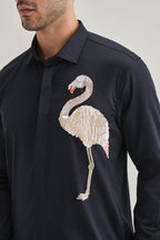 Flamingo - Hand Embroidered Designer Shirt - Navy