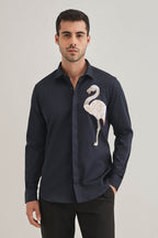 Flamingo - Hand Embroidered Designer Shirt - Navy