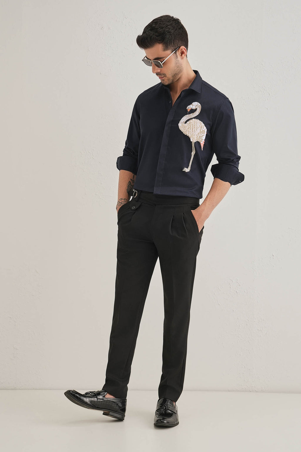 Flamingo - Hand Embroidered Designer Shirt - Navy