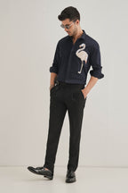 Flamingo - Hand Embroidered Designer Shirt - Navy