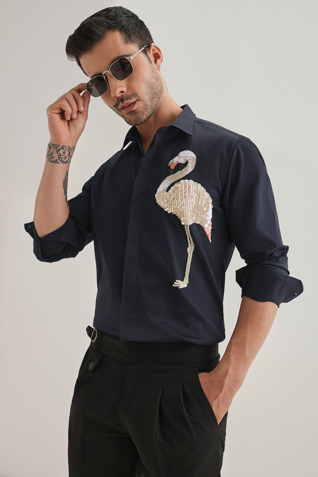 Flamingo - Hand Embroidered Designer Shirt - Navy