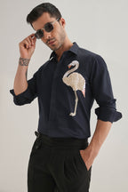 Flamingo - Hand Embroidered Designer Shirt - Navy