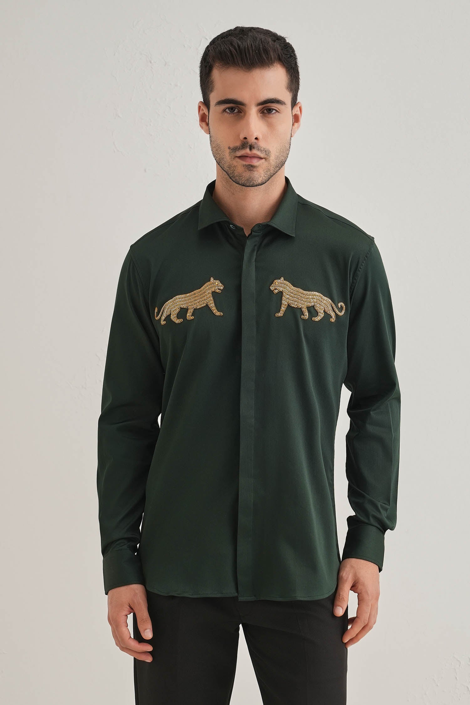 Bobcat - Hand Embroidered Designer Shirt - bottle Green