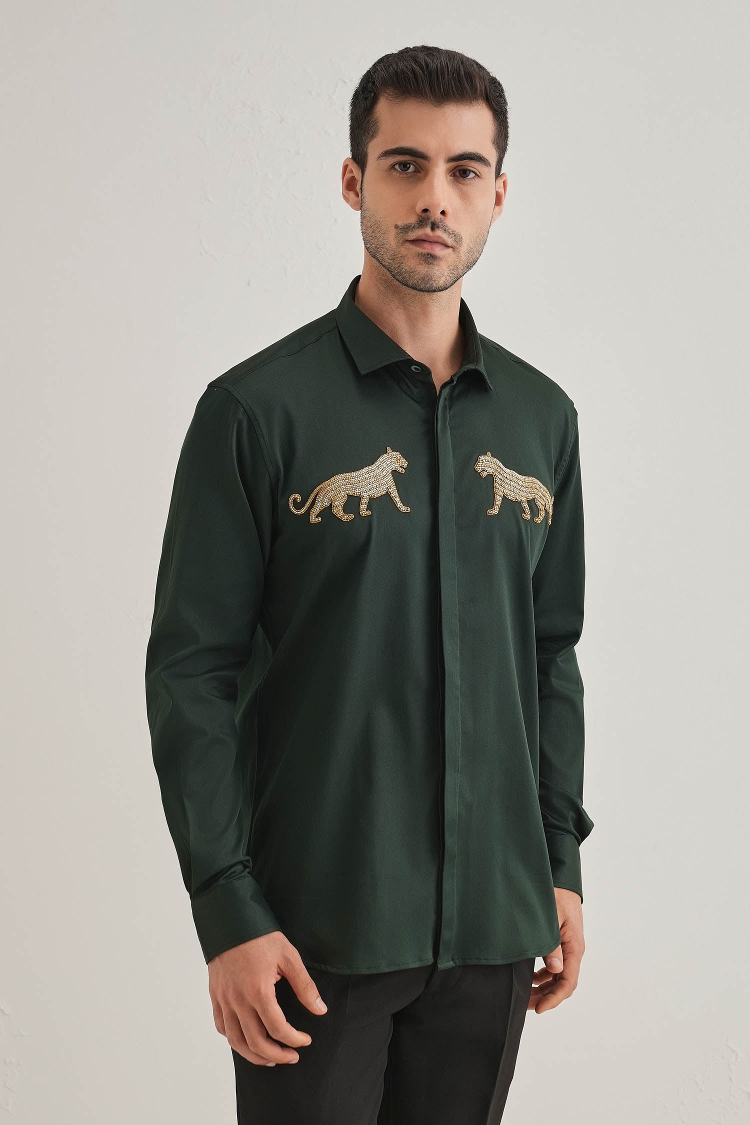 Bobcat - Hand Embroidered Designer Shirt - bottle Green