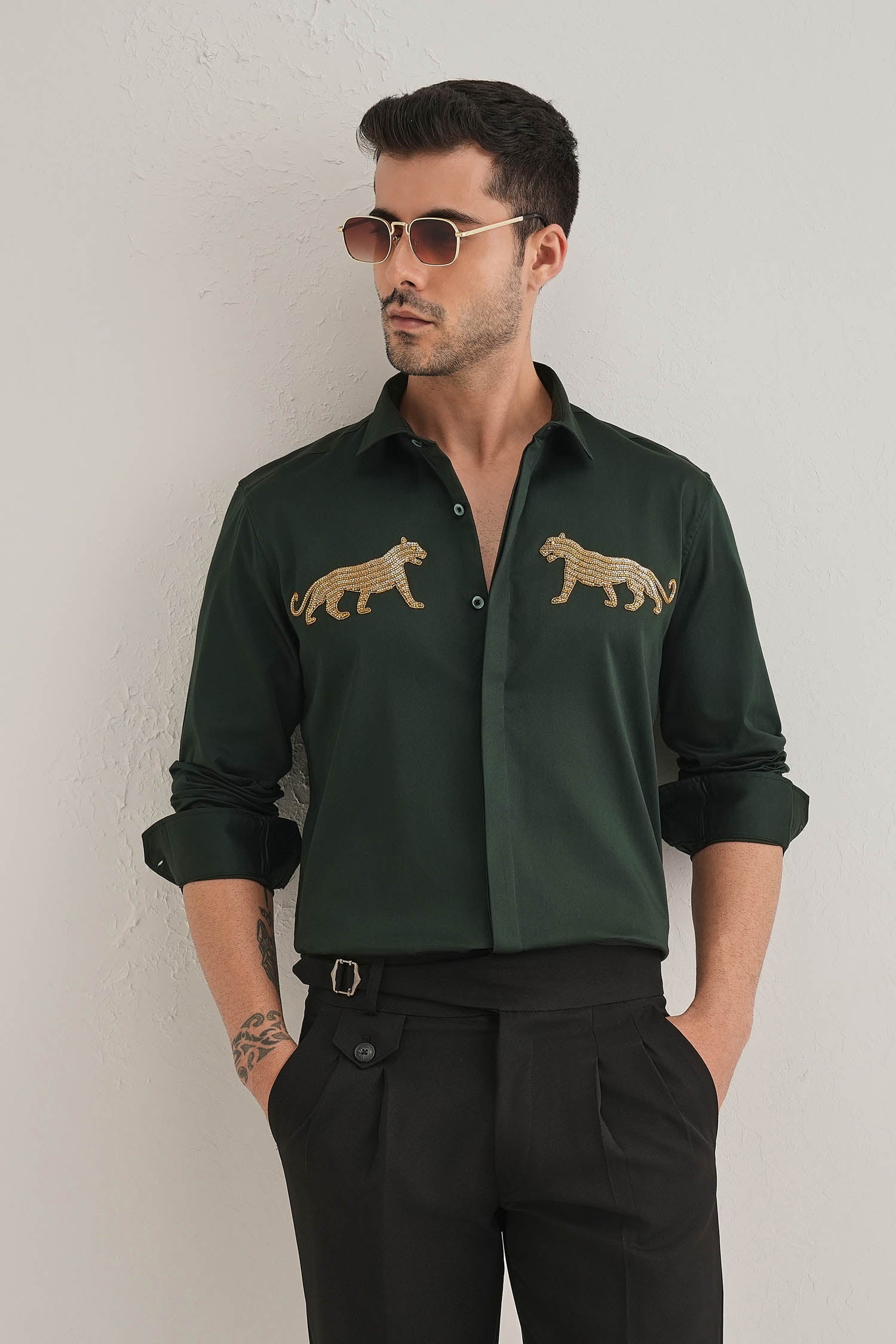 Bobcat - Hand Embroidered Designer Shirt - bottle Green