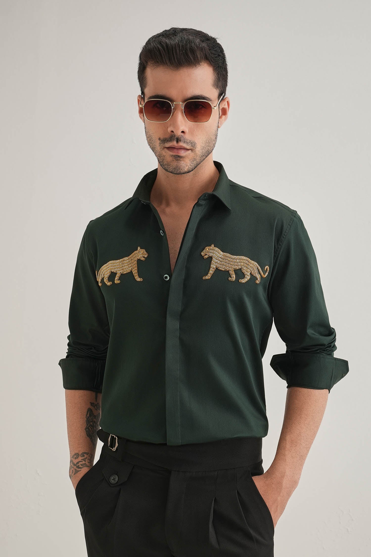 Bobcat - Hand Embroidered Designer Shirt - bottle Green