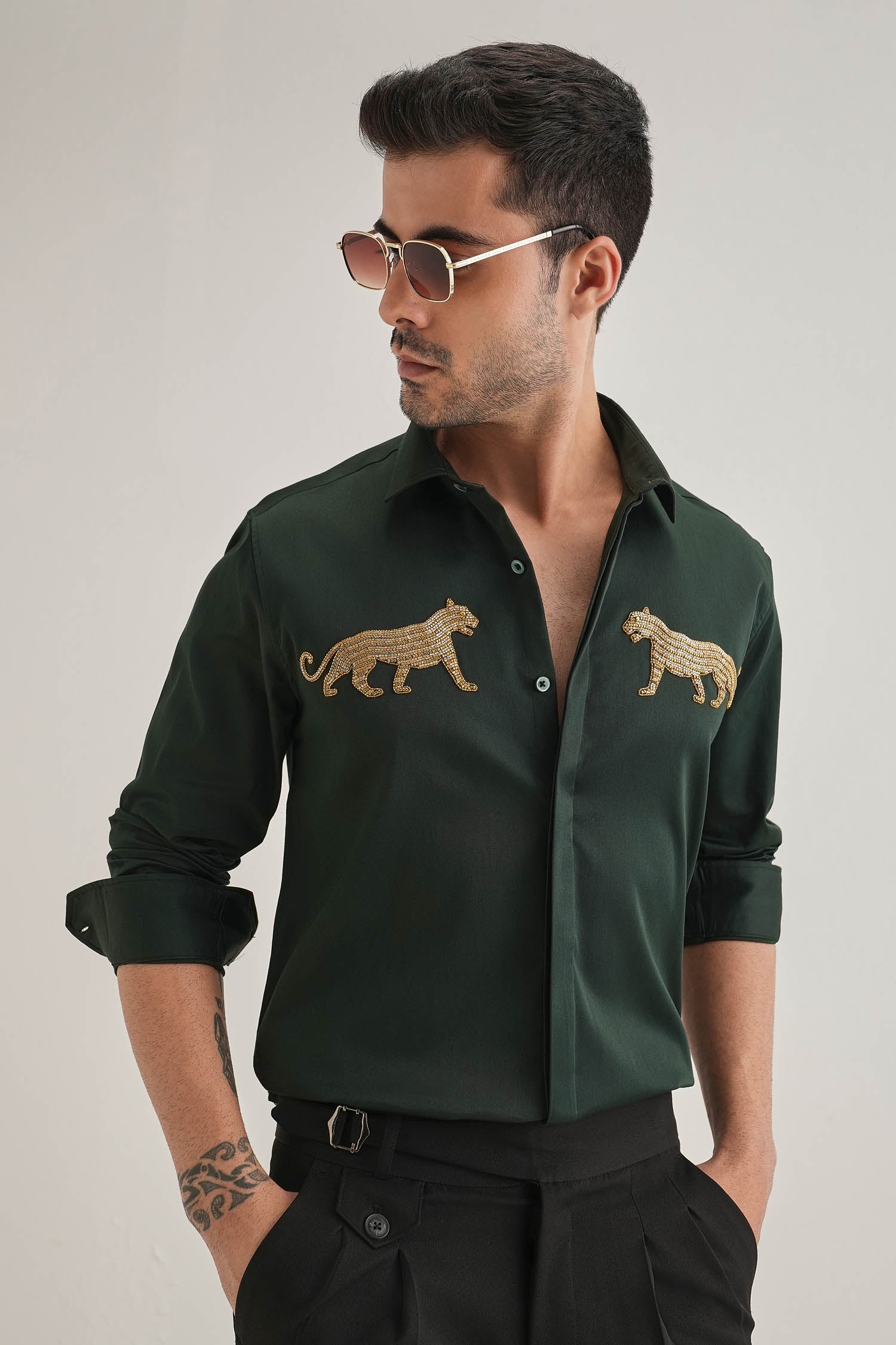 Bobcat - Hand Embroidered Designer Shirt - bottle Green