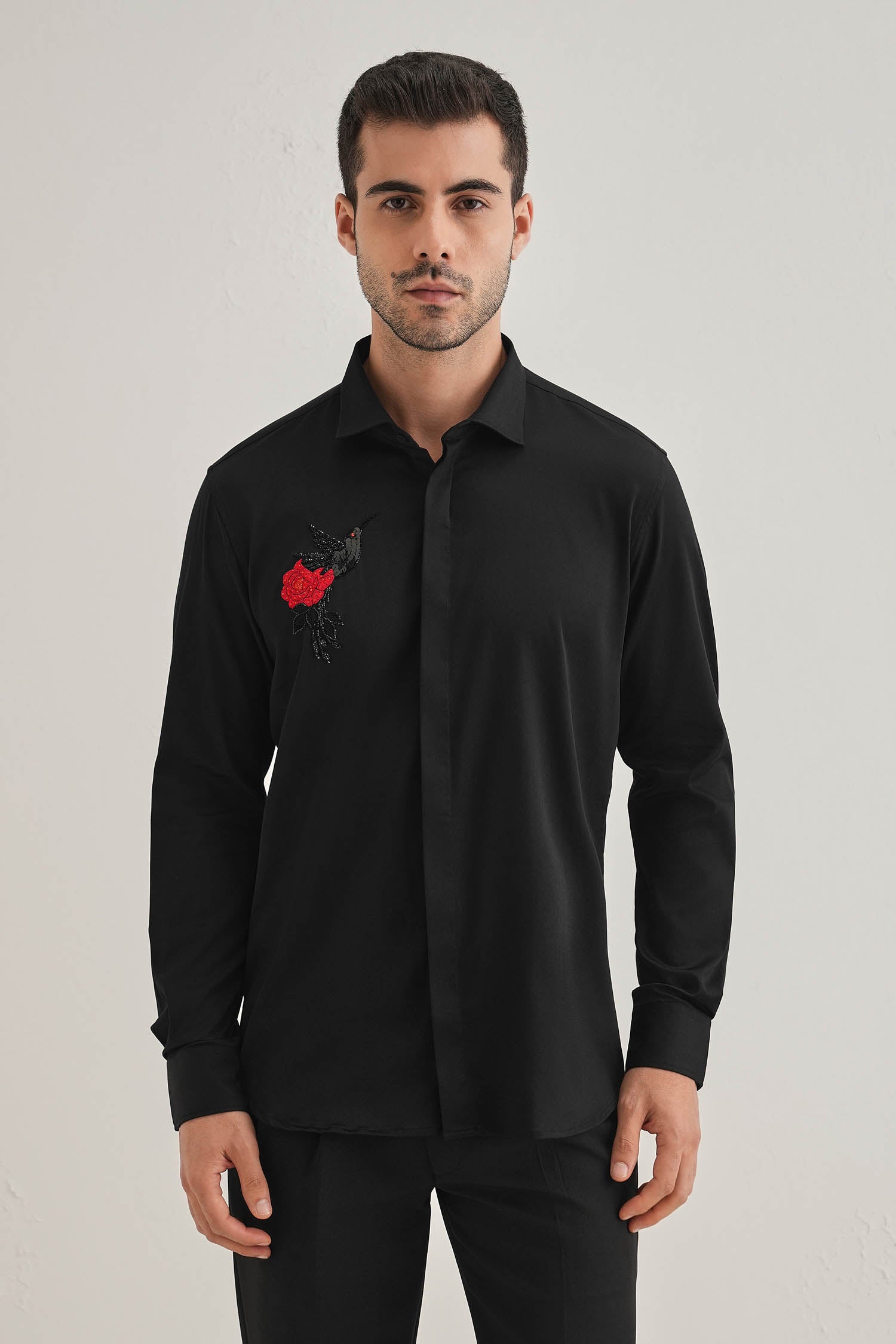 Song Bird - Hand Embroidered Designer Shirt - Black