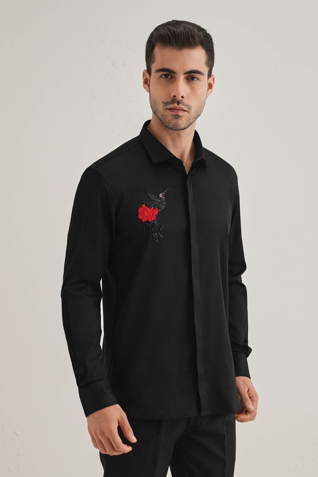 Song Bird Hand Embroidered Designer Shirt - Black