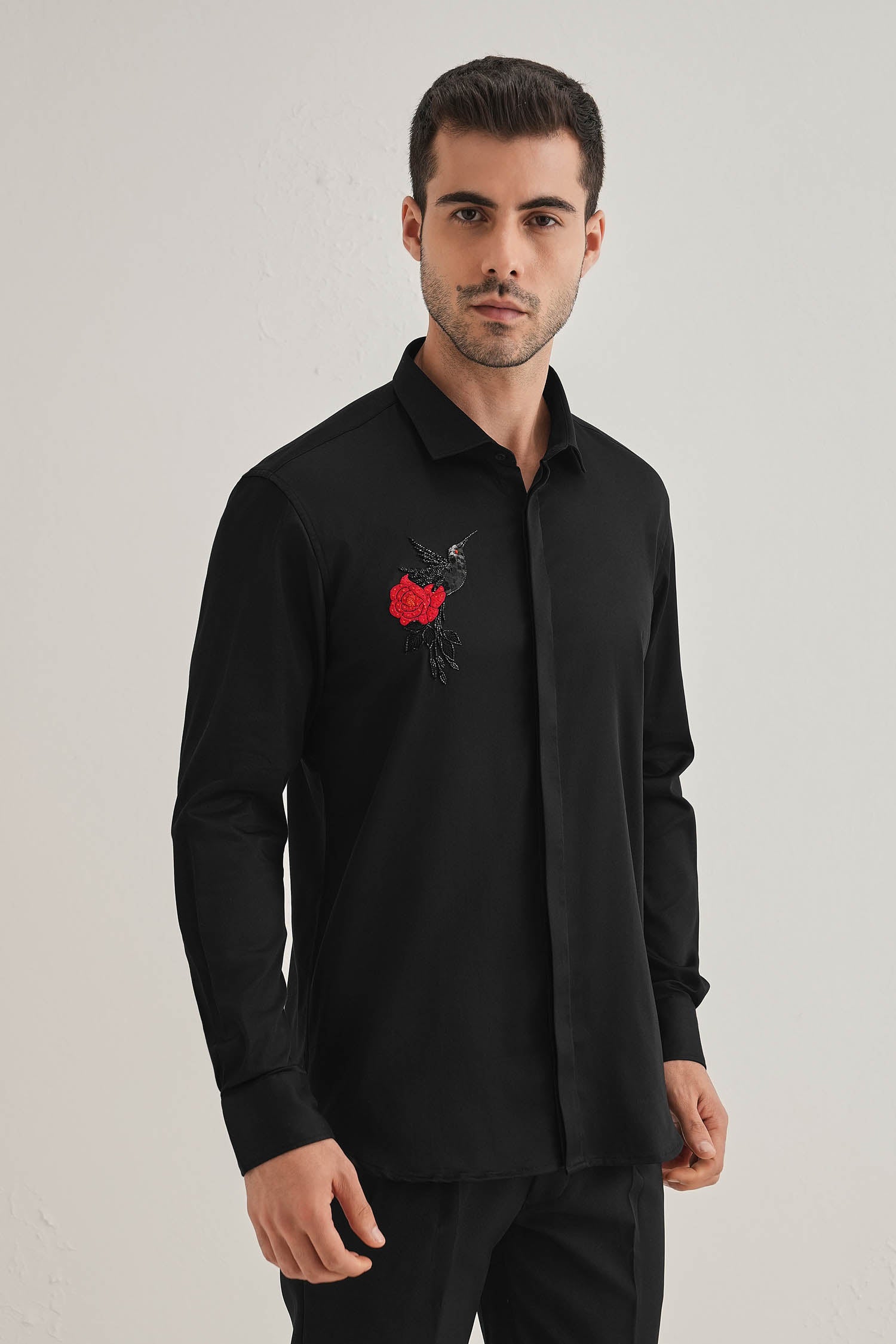 Song Bird - Hand Embroidered Designer Shirt - Black