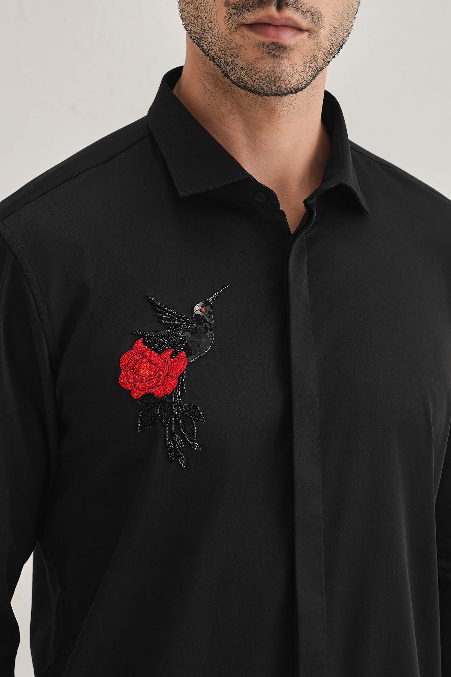 Song Bird - Hand Embroidered Designer Shirt - Black