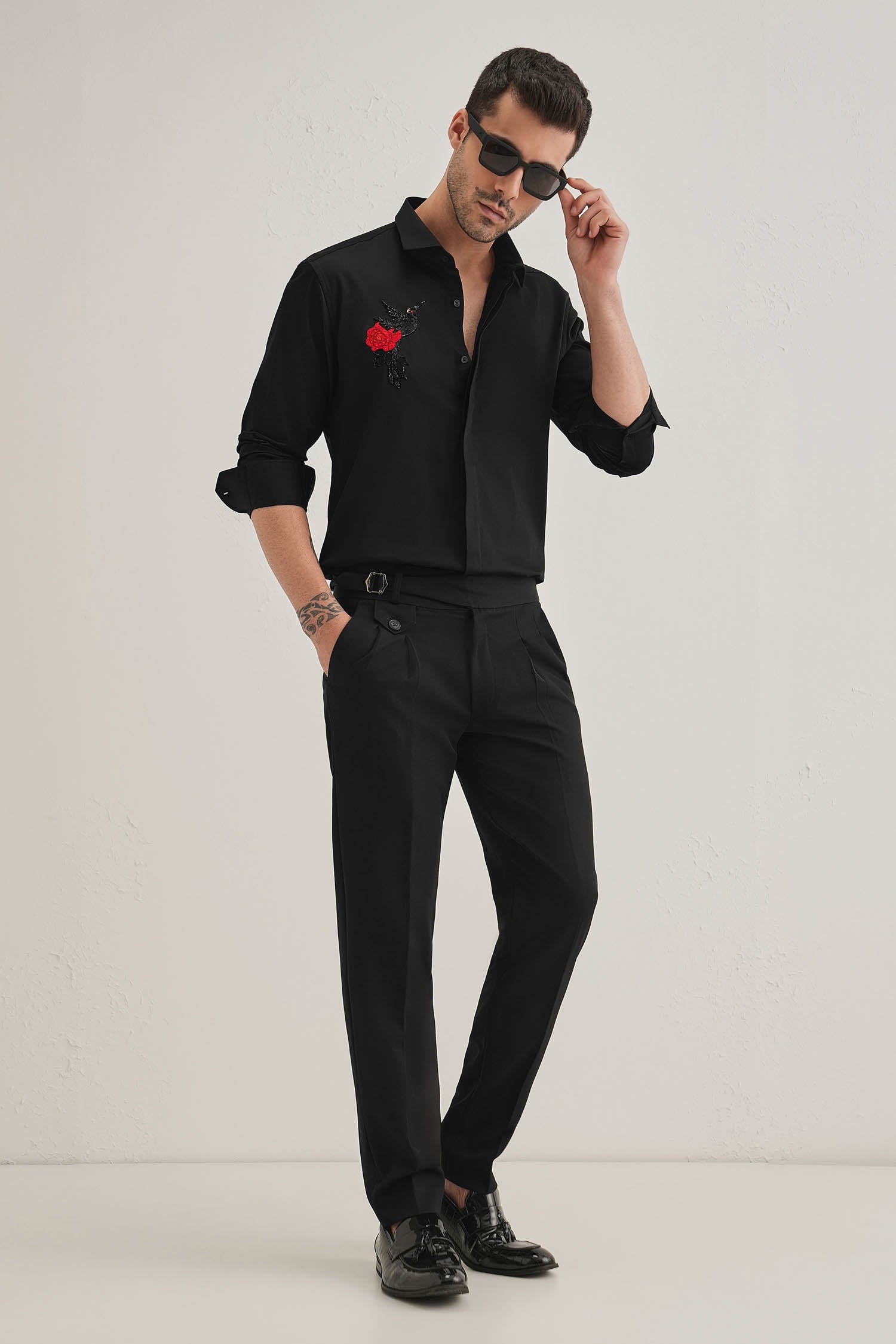 Song Bird - Hand Embroidered Designer Shirt - Black