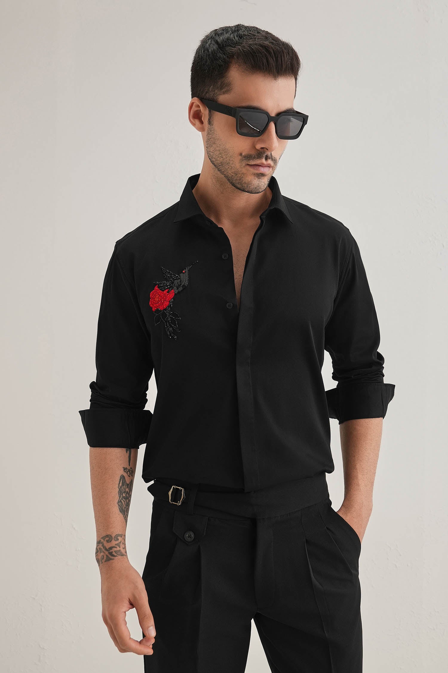 Song Bird - Hand Embroidered Designer Shirt - Black