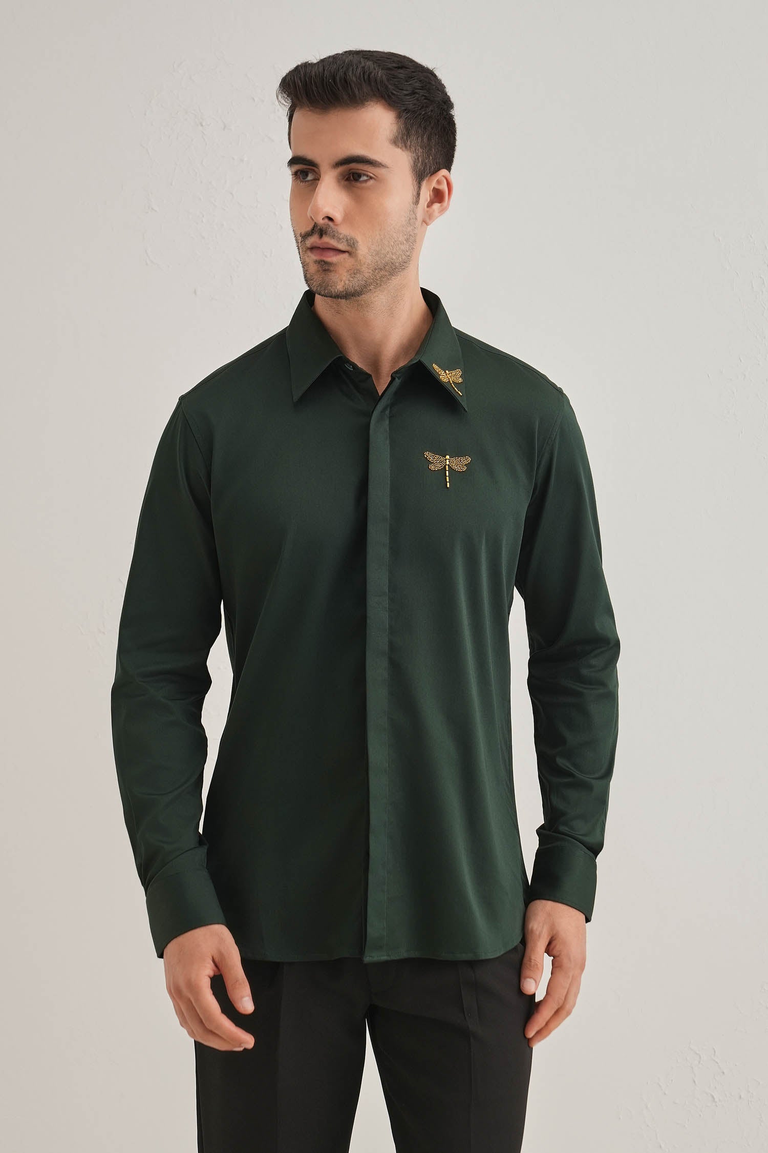 Skeeter(Dragon Fly) - Hand Embroidered Designer Shirt - Bottle Green