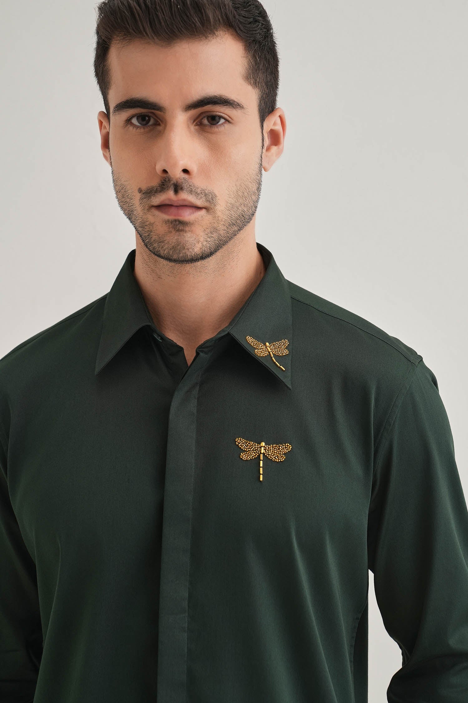 Skeeter(Dragon Fly) - Hand Embroidered Designer Shirt - Bottle Green