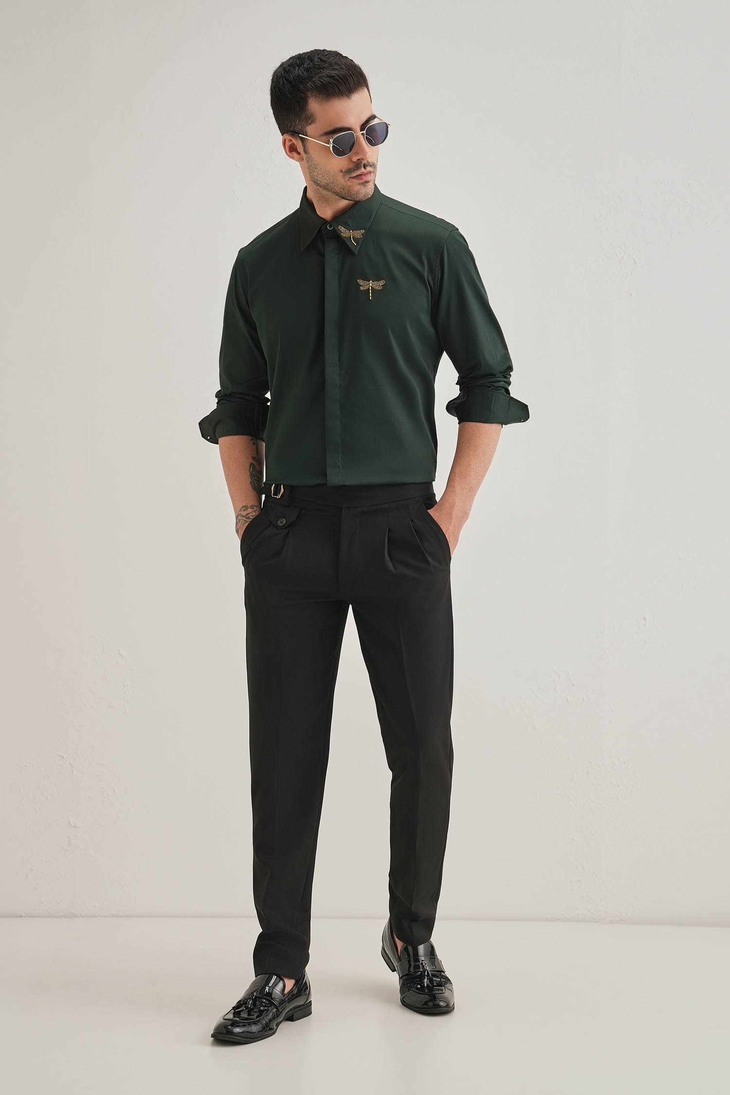 Skeeter(Dragon Fly) - Hand Embroidered Designer Shirt - Bottle Green