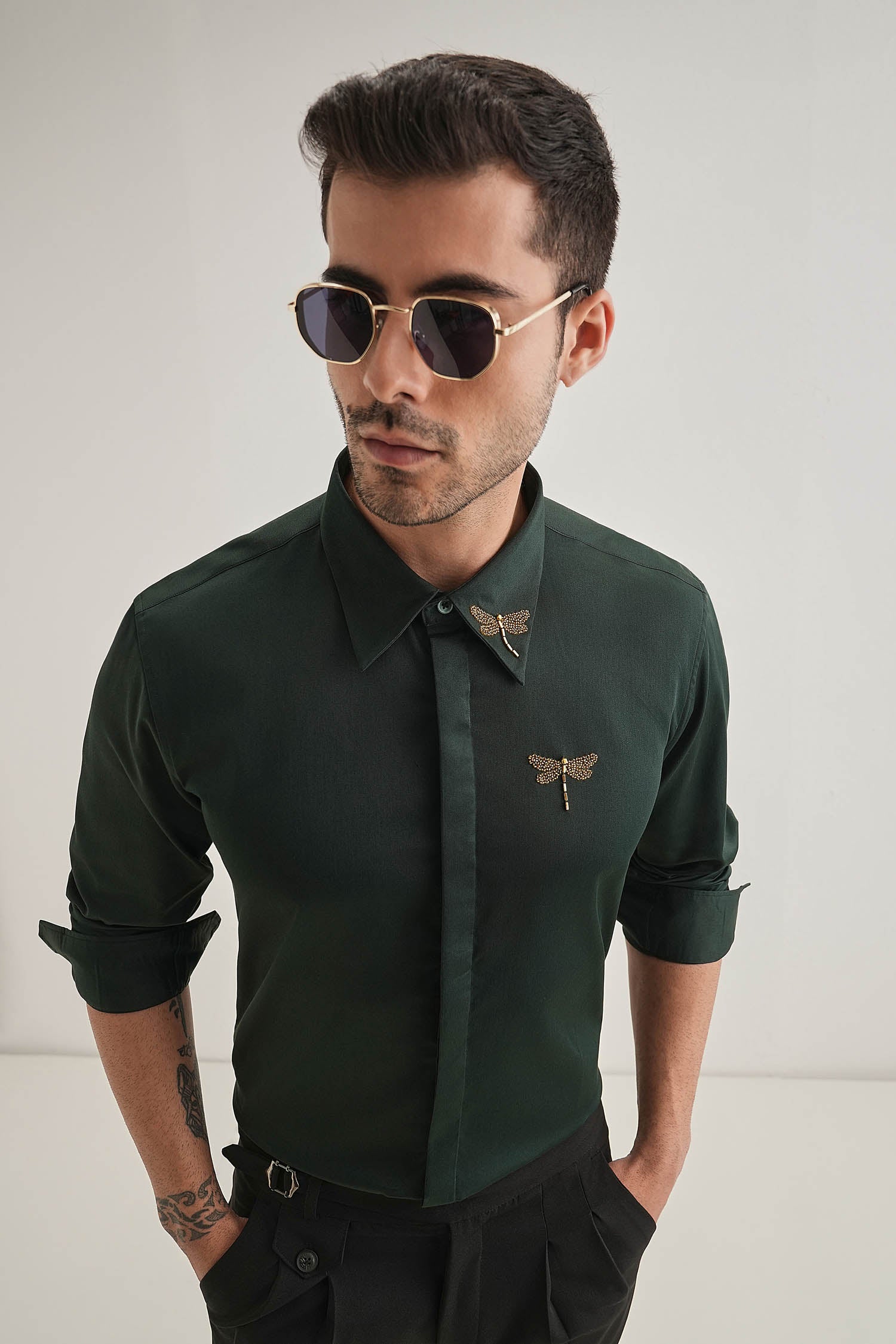Skeeter(Dragon Fly) - Hand Embroidered Designer Shirt - Bottle Green