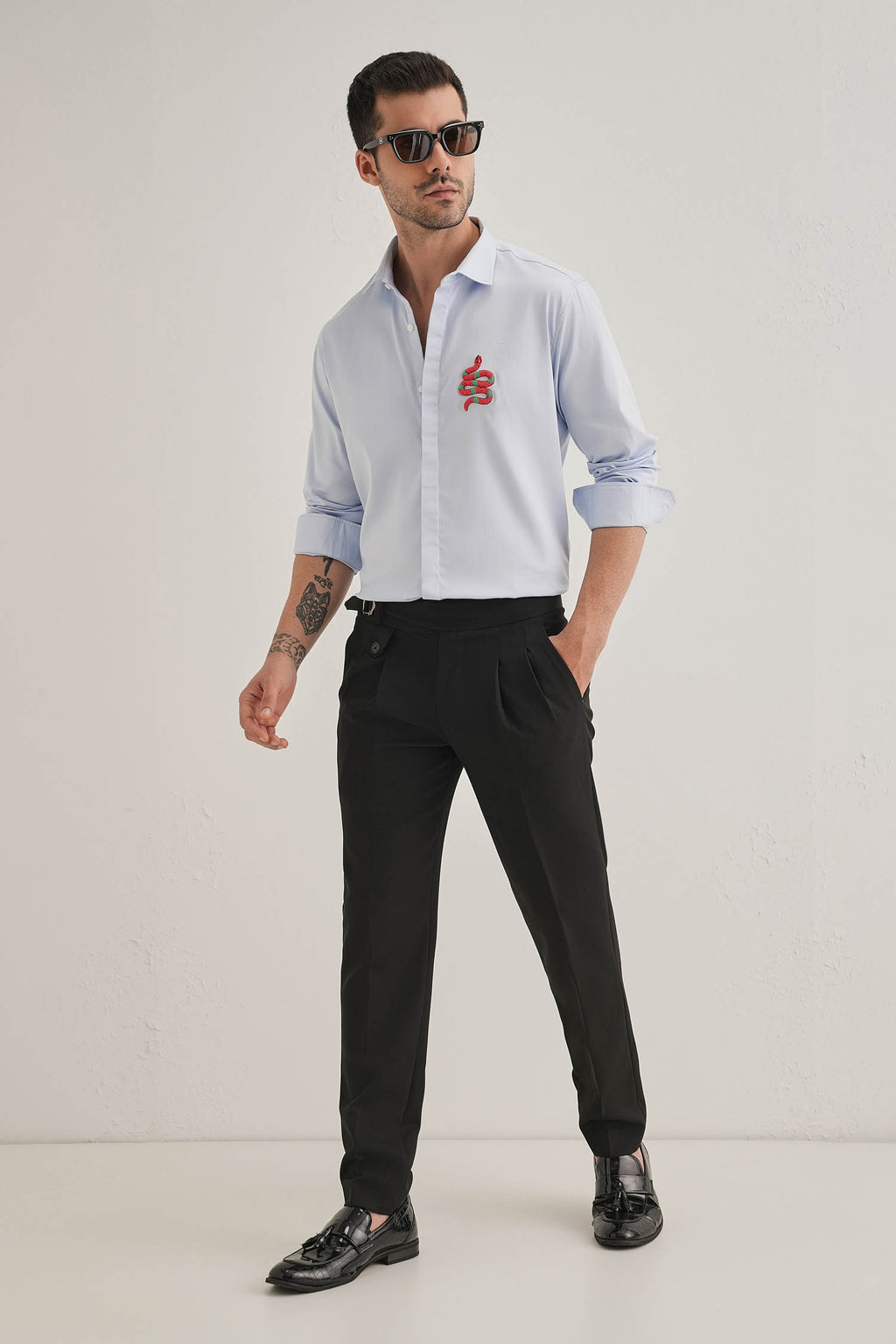 Serpent(Snake)- Hand Embroidered Designer Shirt - Powder Blue