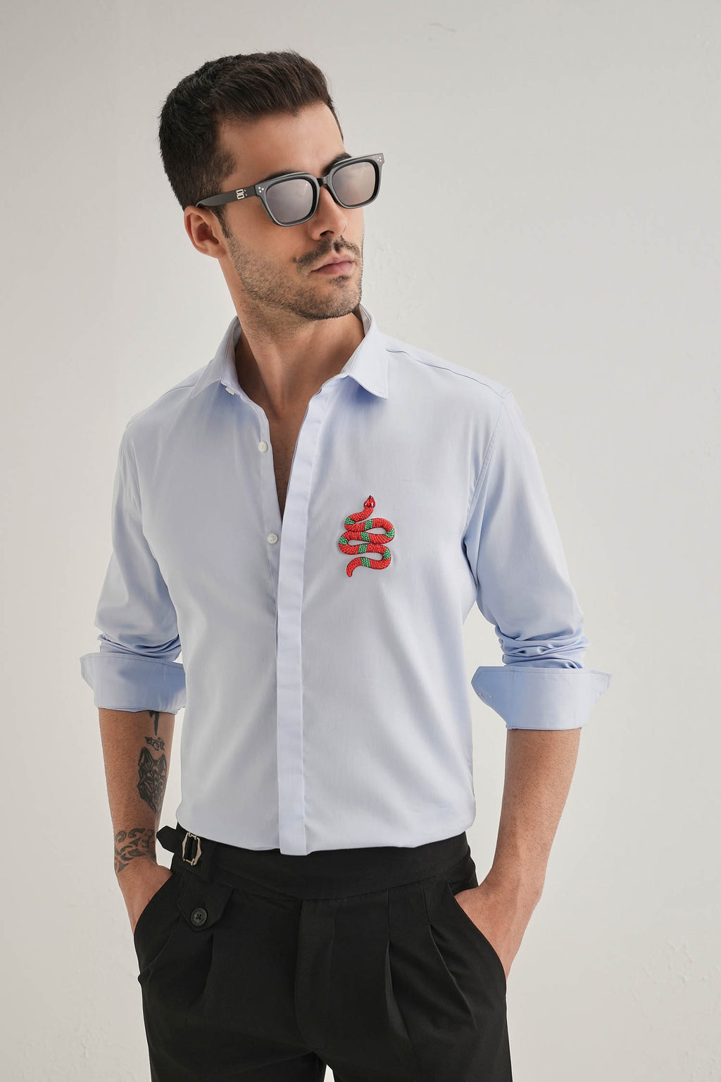Serpent(Snake)- Hand Embroidered Designer Shirt - Powder Blue