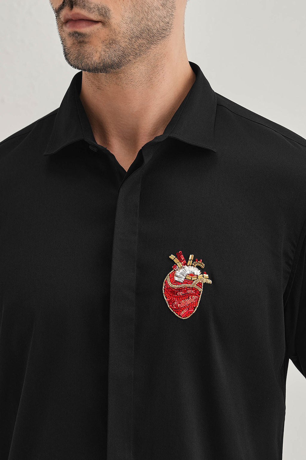 Biological Heart- Hand Embroidered Designer Shirt - Black