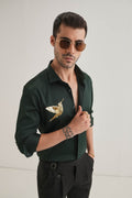 Birdie(Bird)- Hand Embroidered Designer Shirt- Bottle Green