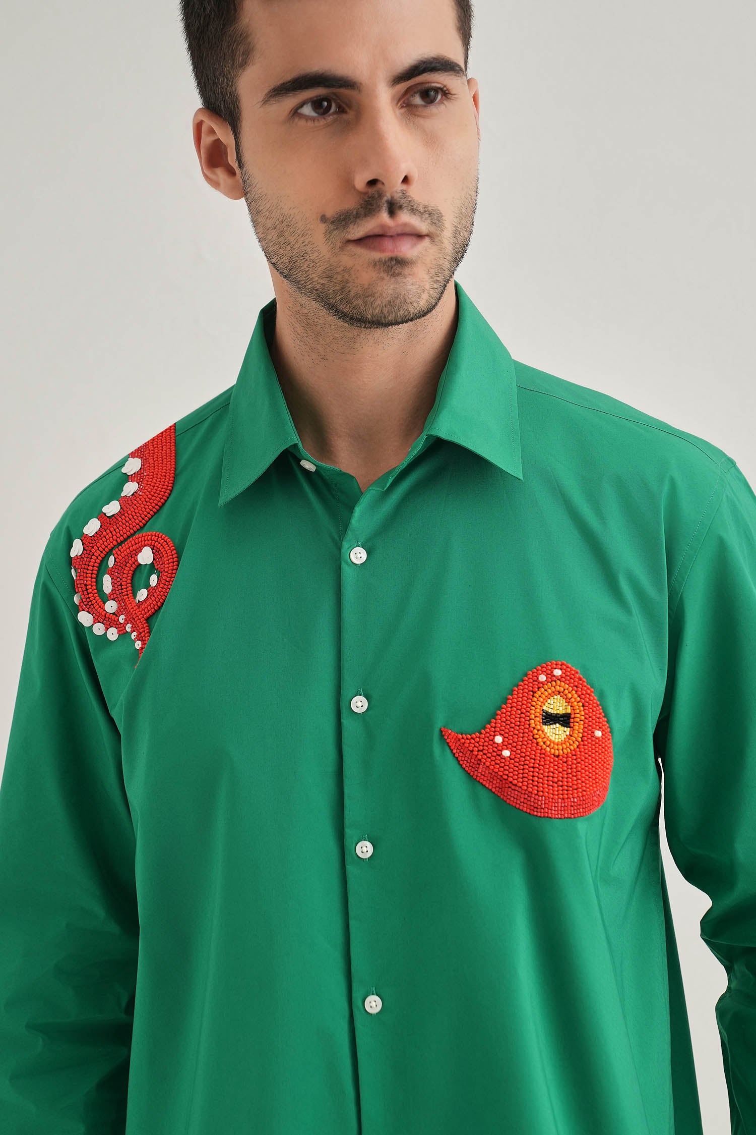 Octopod(Octopus) - Hand Embroidered Designer Shirt - Green