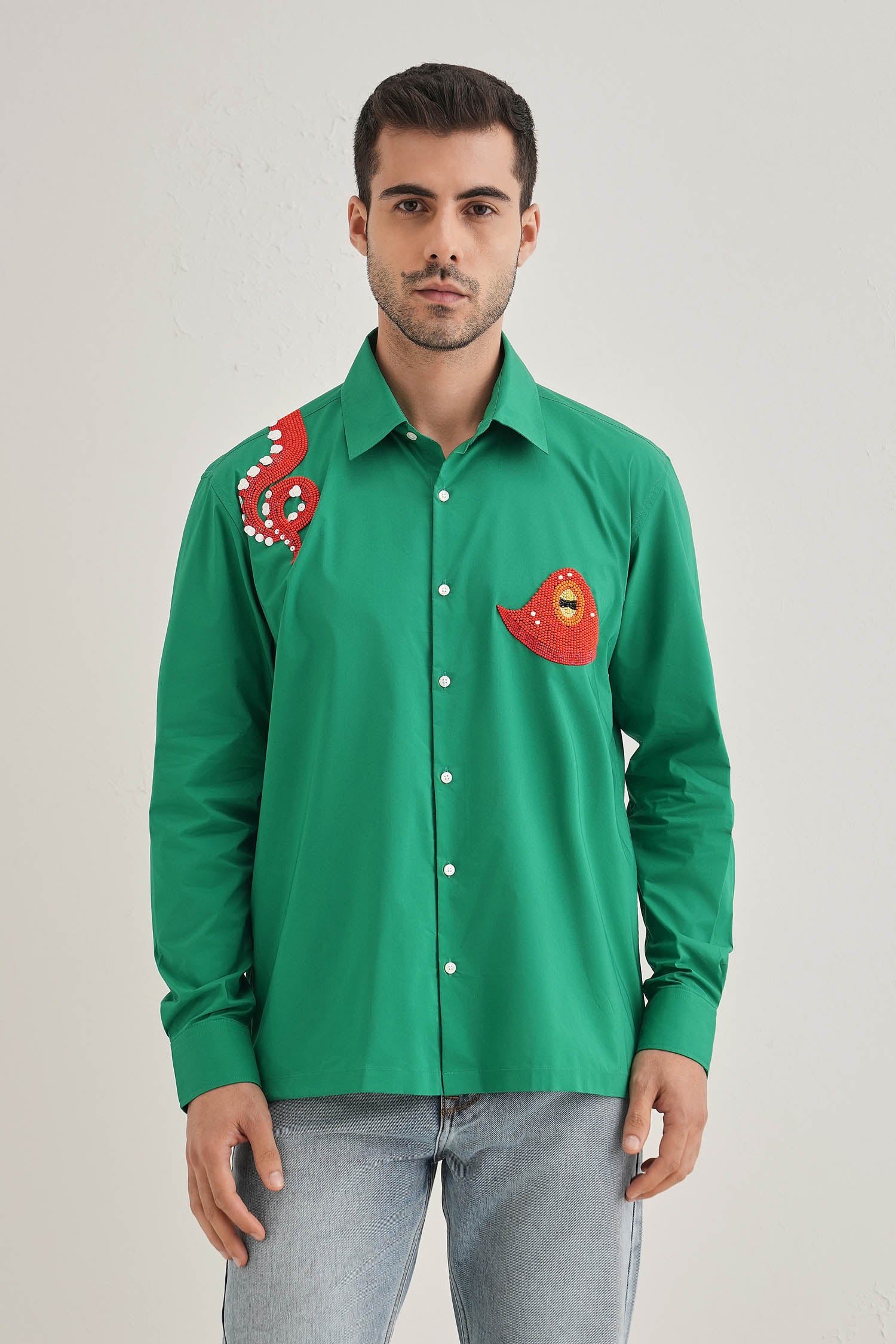 Octopod(Octopus) - Hand Embroidered Designer Shirt - Green