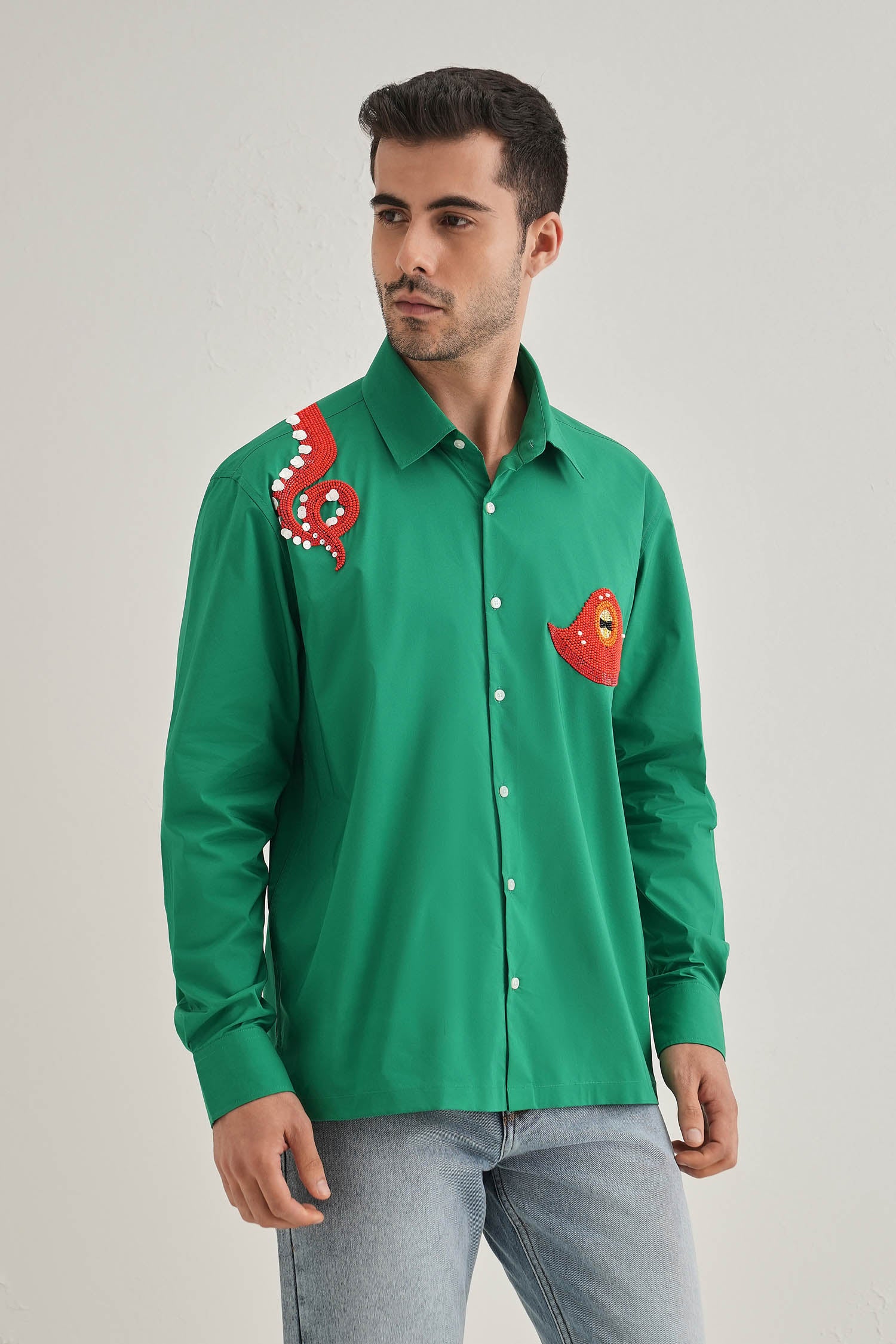 Octopod(Octopus) - Hand Embroidered Designer Shirt - Green