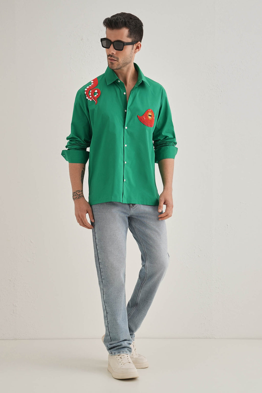 Octopod(Octopus) - Hand Embroidered Designer Shirt - Green