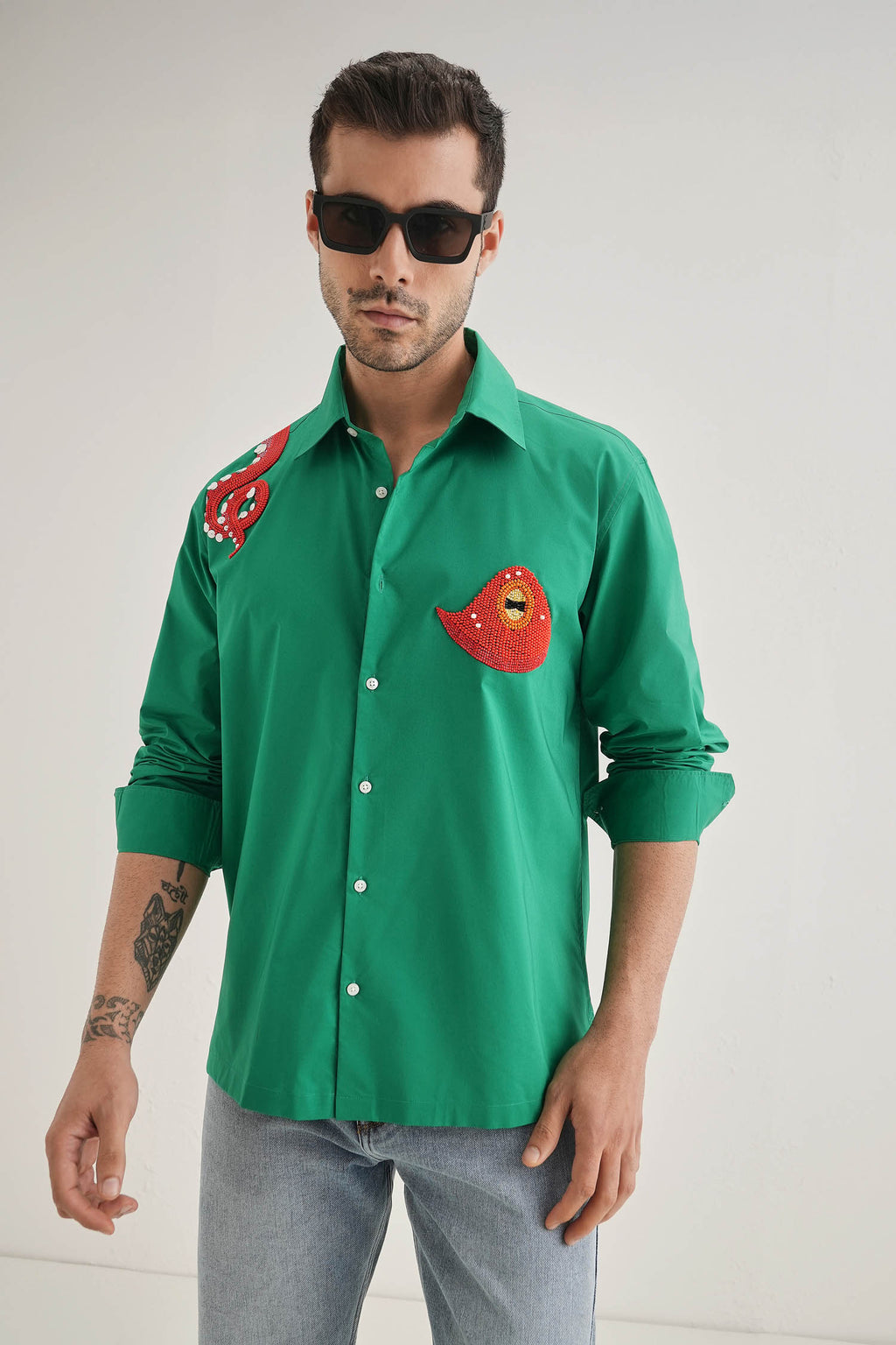 Octopod(Octopus) - Hand Embroidered Designer Shirt - Green