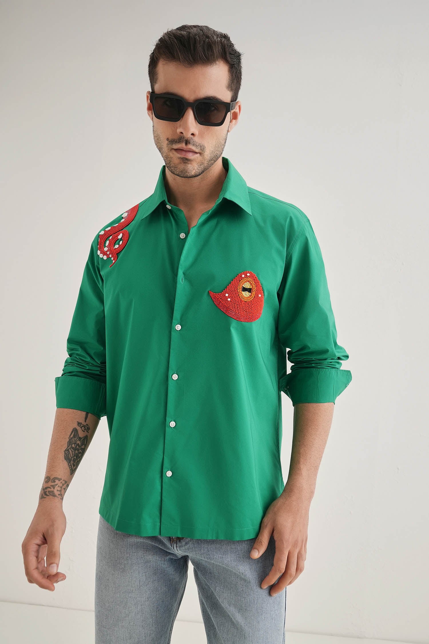 Octopod(Octopus) - Hand Embroidered Designer Shirt - Green