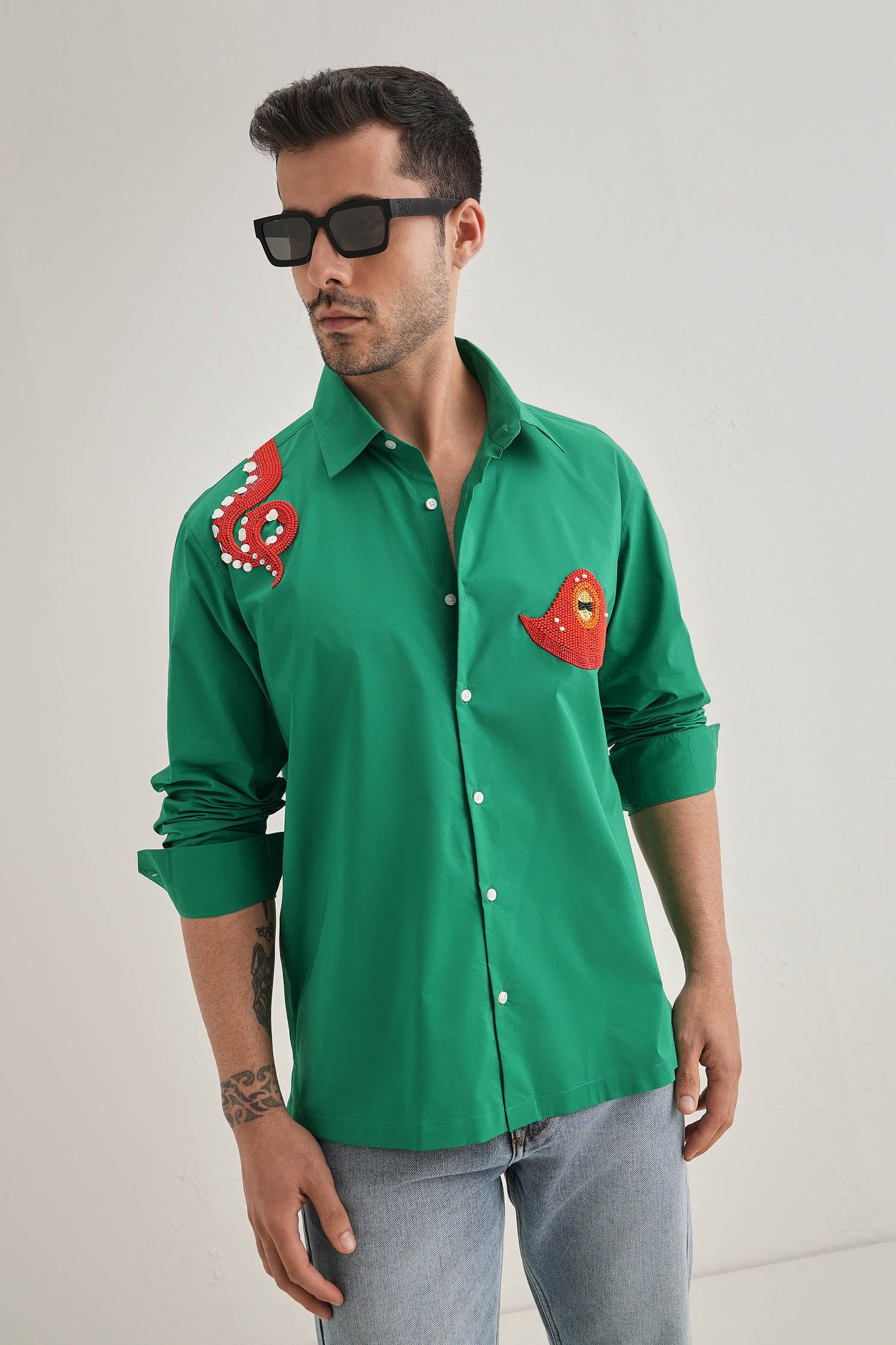 Octopod(Octopus) - Hand Embroidered Designer Shirt - Green