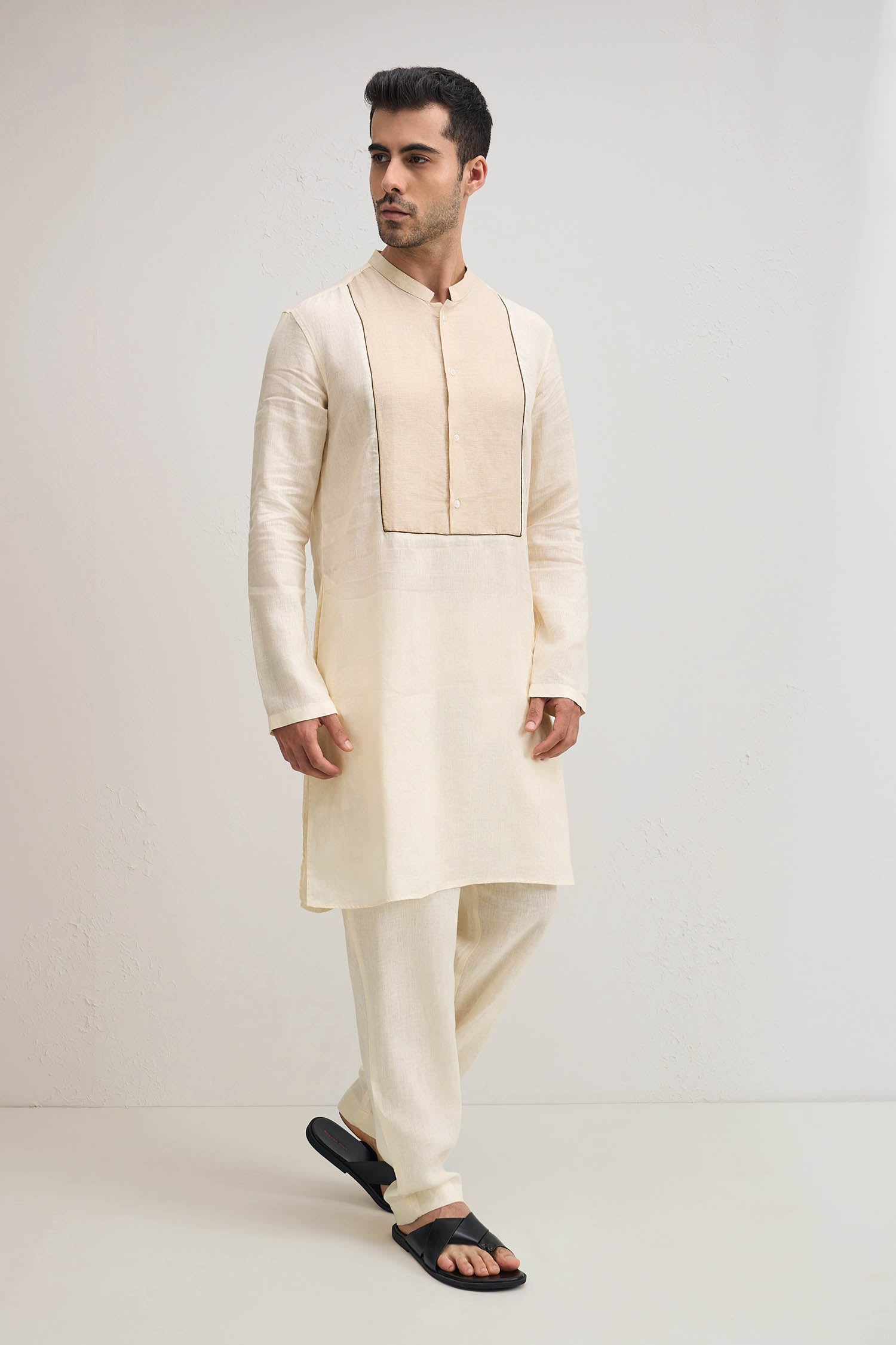 Ivory With Beige-irish Linen Kurta - Ivory