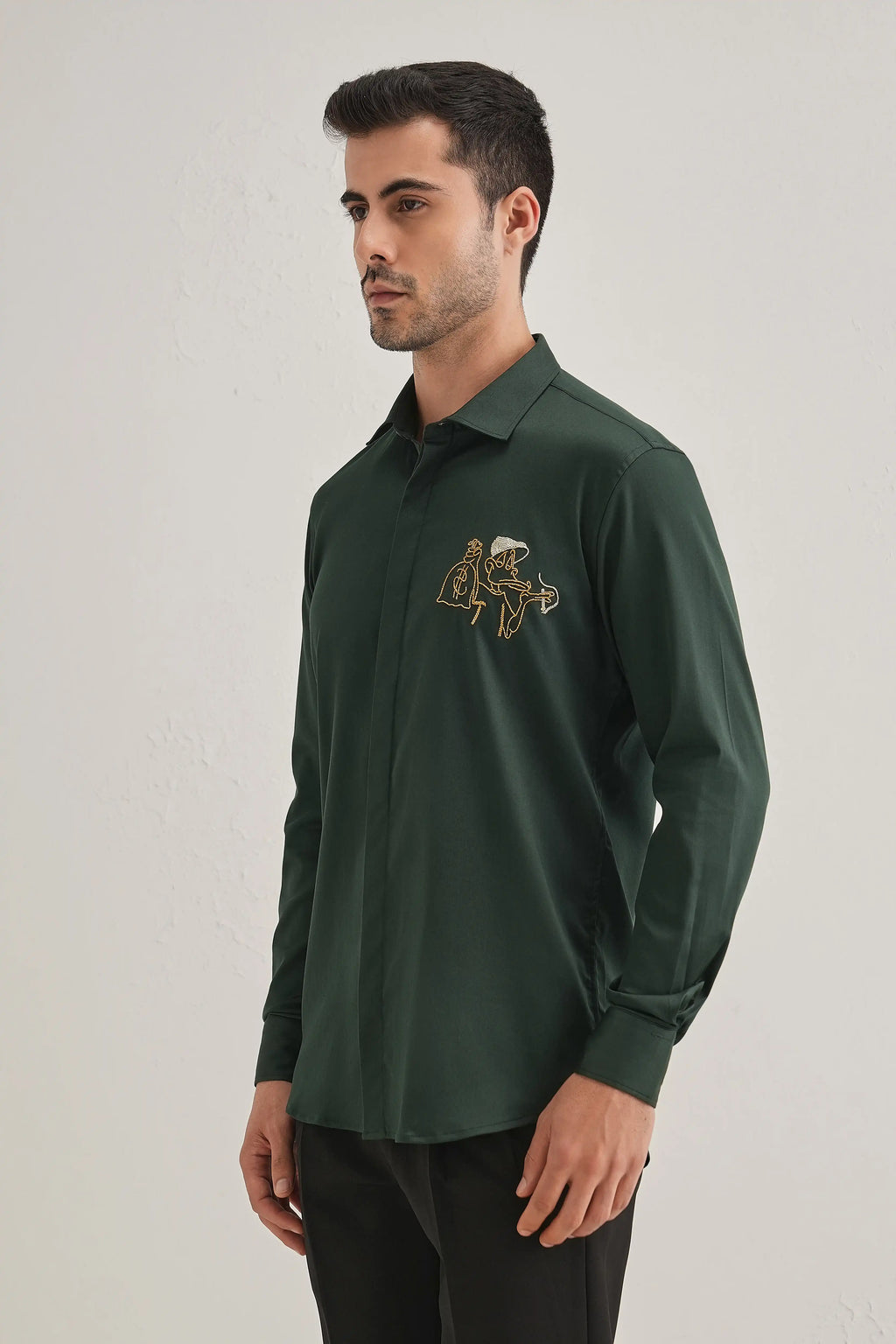 Baazigar - Hand Embroidered Designer Shirt - Bottle Green