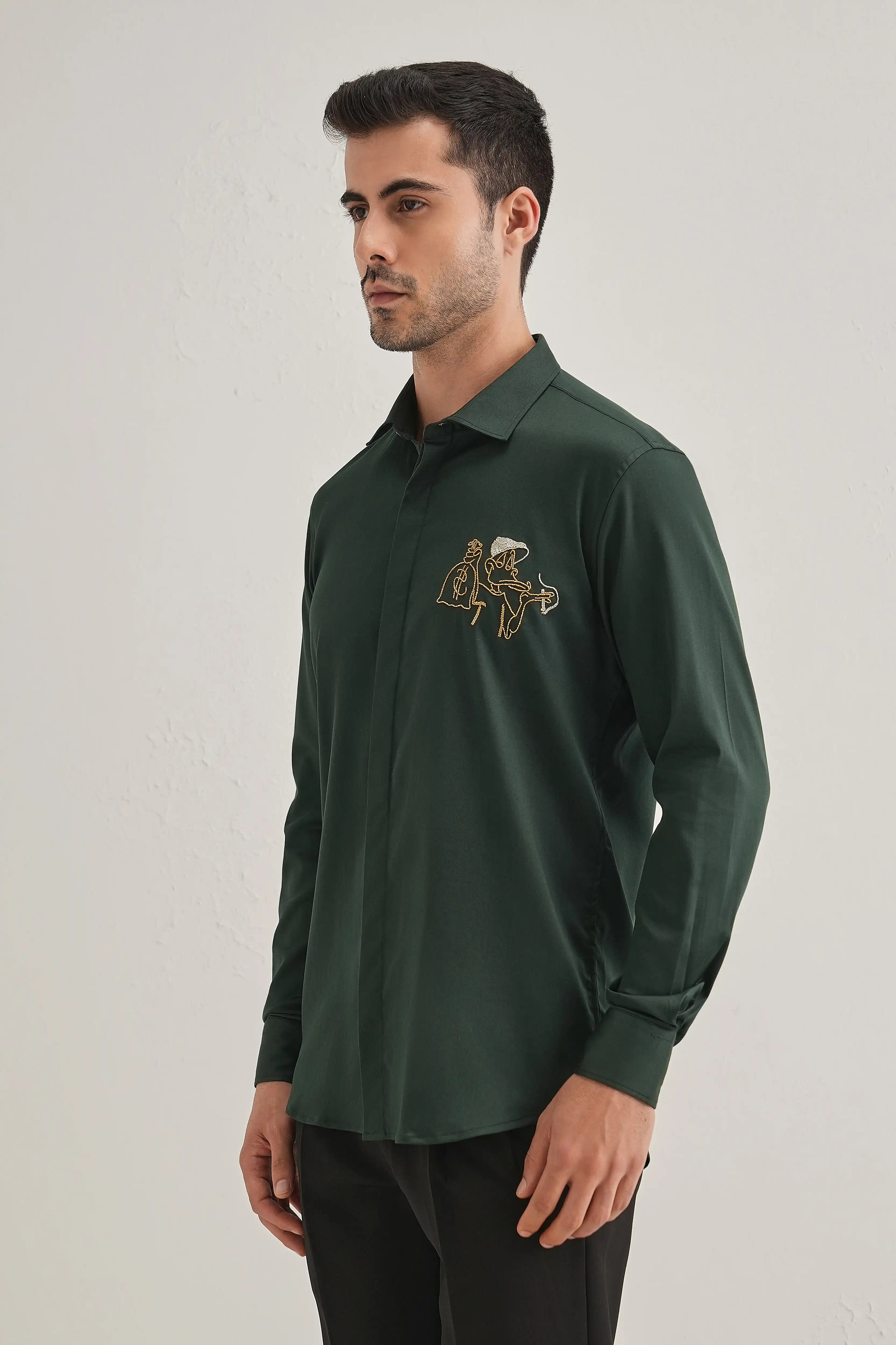 Baazigar - Hand Embroidered Designer Shirt - Bottle Green
