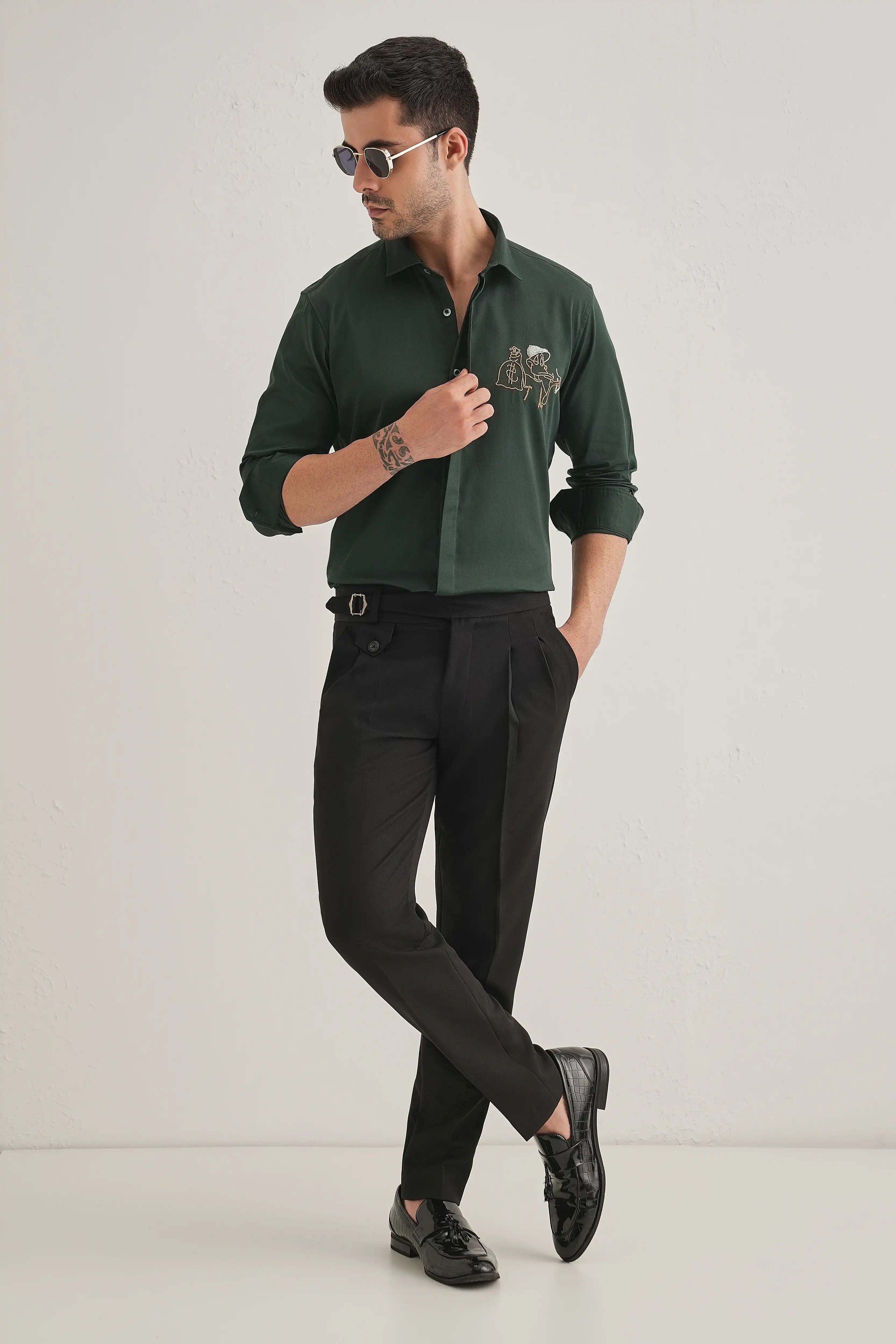 Baazigar - Hand Embroidered Designer Shirt - Bottle Green