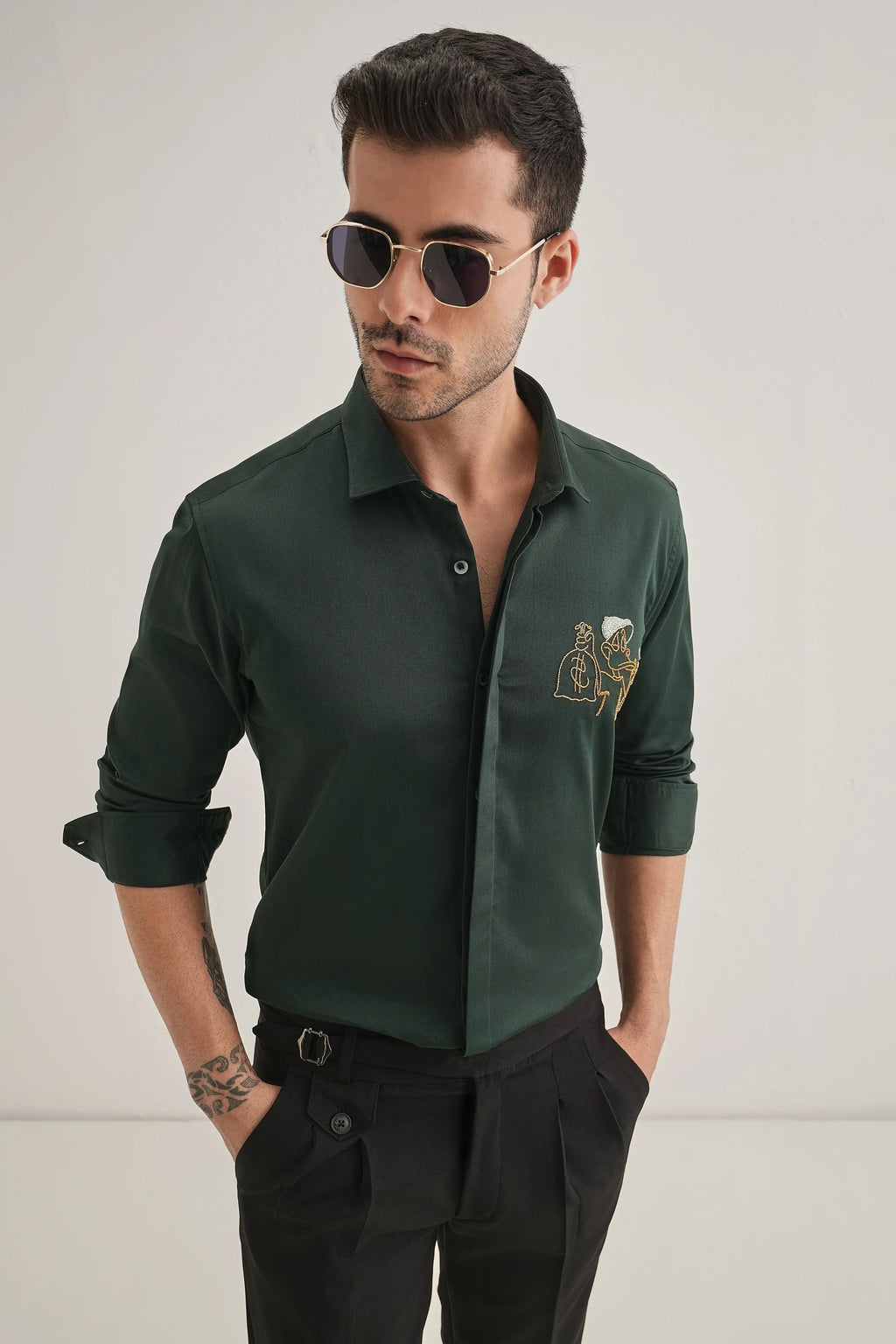 Baazigar - Hand Embroidered Designer Shirt - Bottle Green