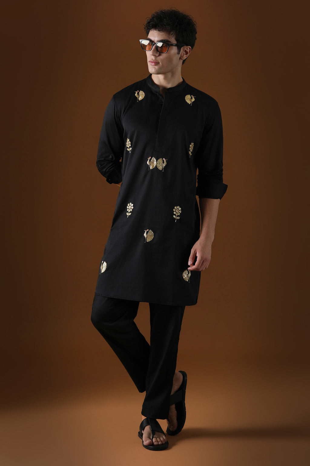 Peacock Hand Embroidered Designer Kurta - Black