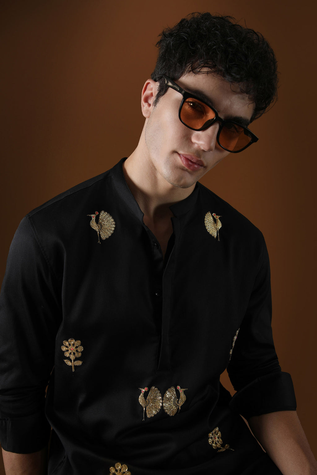 Peacock Hand Embroidered Designer Kurta - Black