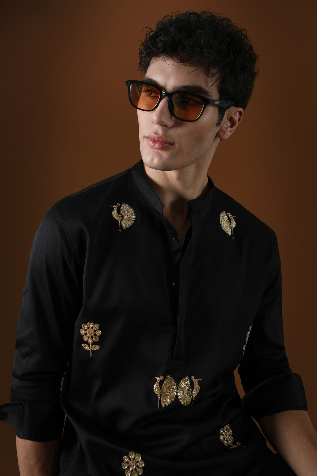 Peacock Hand Embroidered Designer Kurta - Black