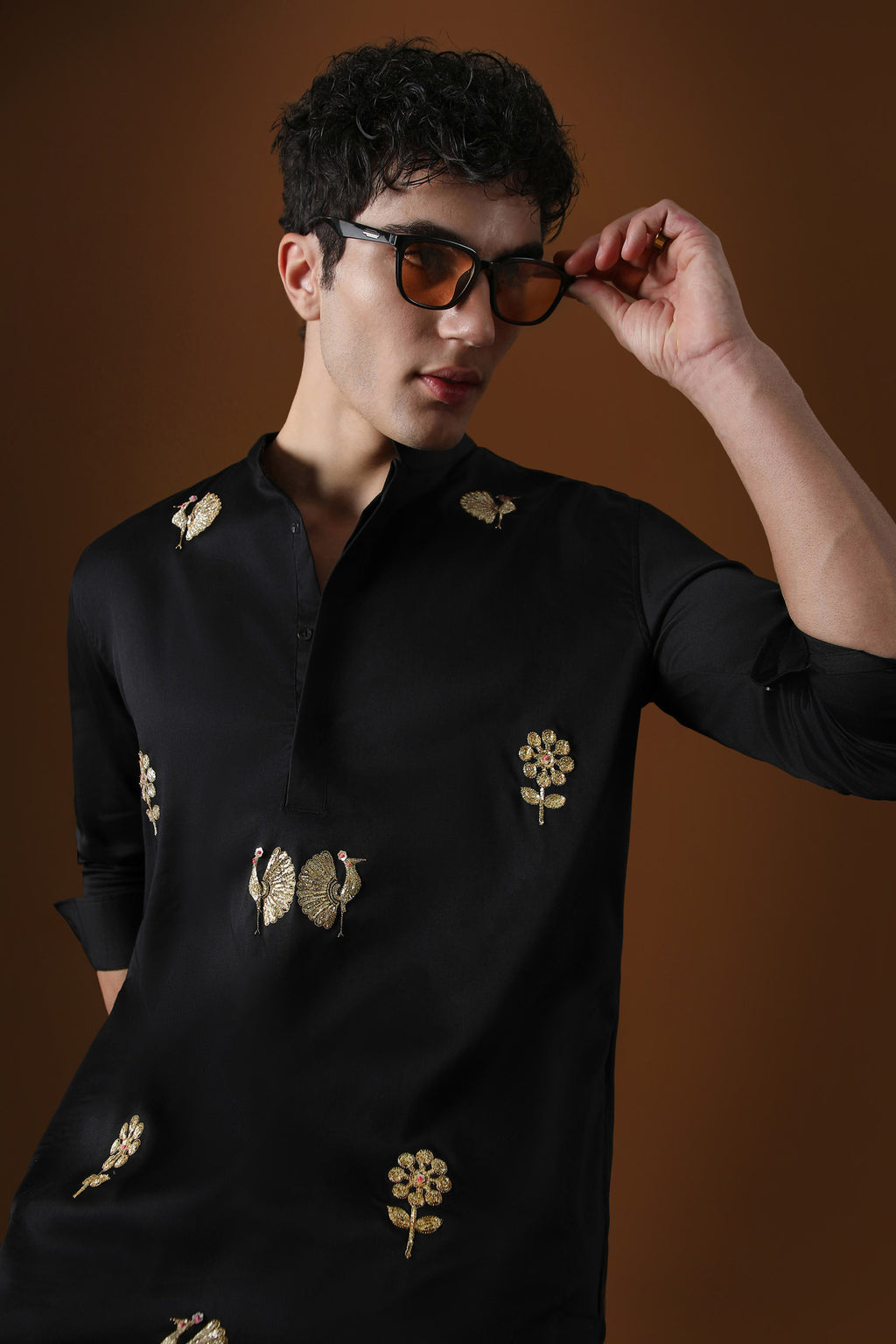 Peacock Hand Embroidered Designer Kurta - Black
