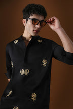 Peacock Hand Embroidered Designer Kurta - Black