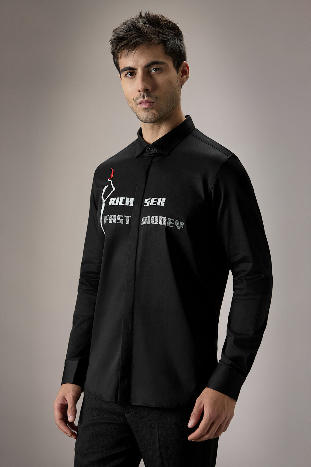 Fast Money - Hand Embroidered Designer Shirt - Black