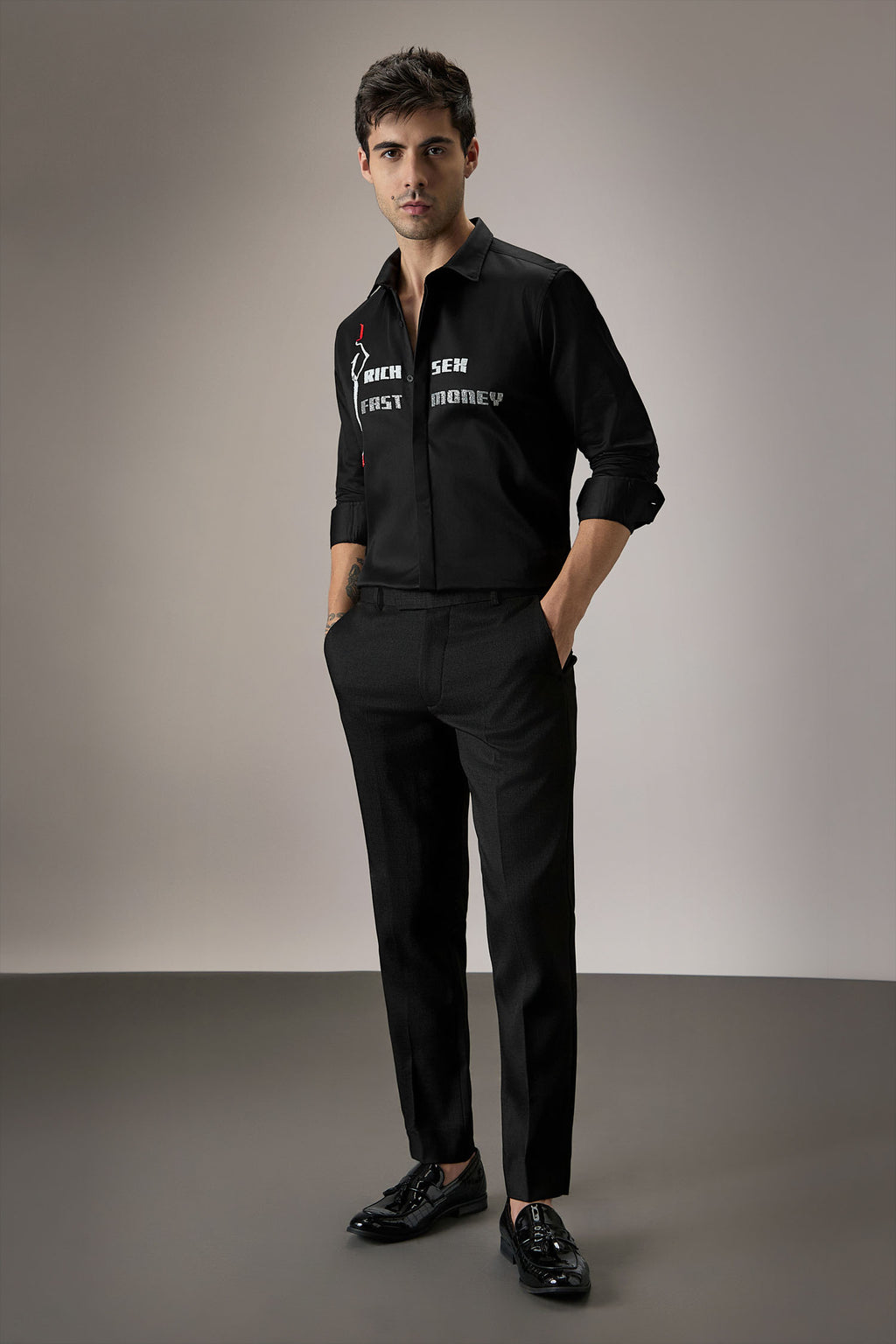 Fast Money - Hand Embroidered Designer Shirt - Black