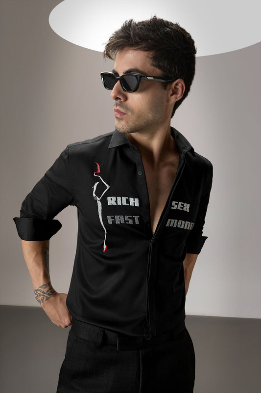Fast Money - Hand Embroidered Designer Shirt - Black