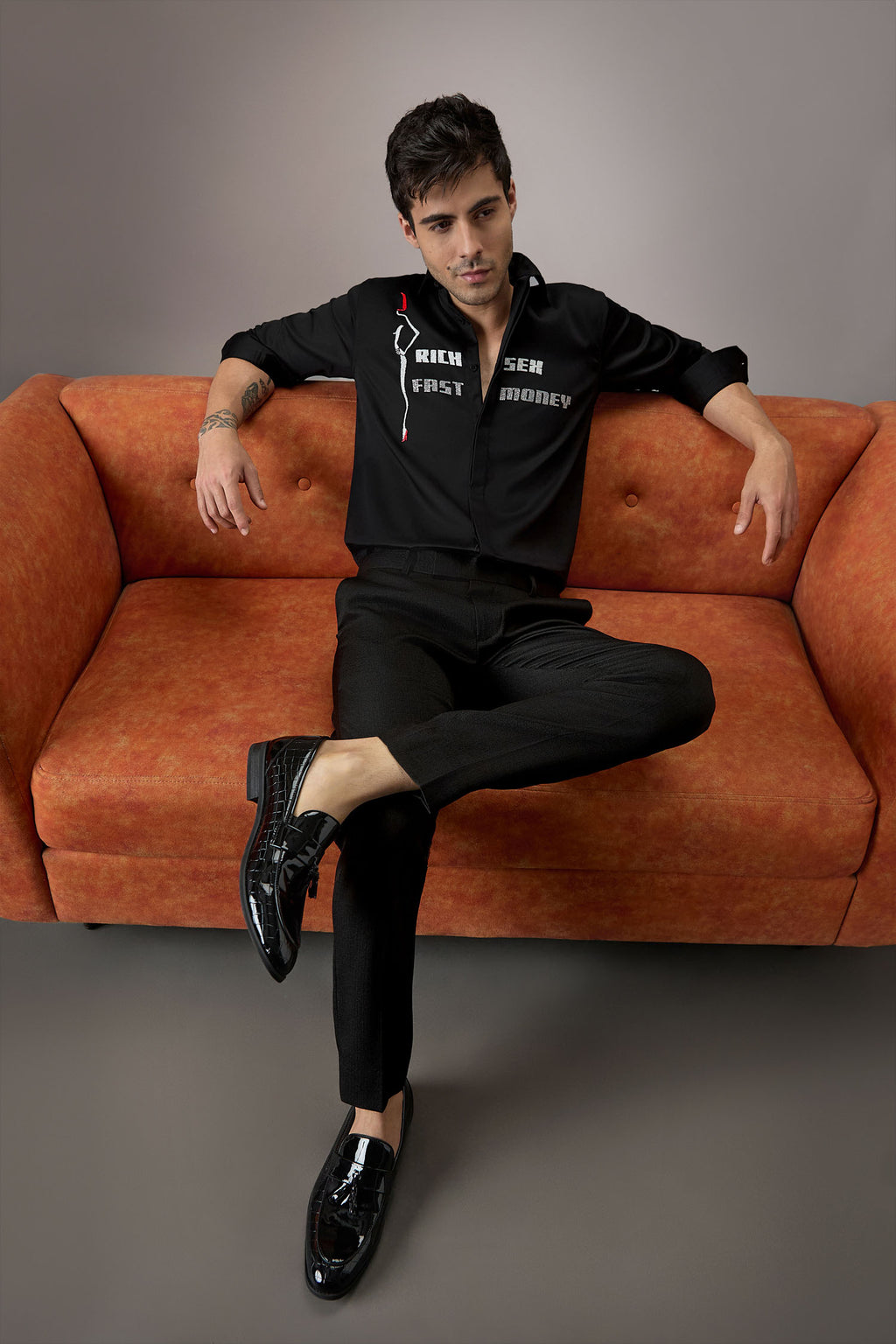 Fast Money - Hand Embroidered Designer Shirt - Black